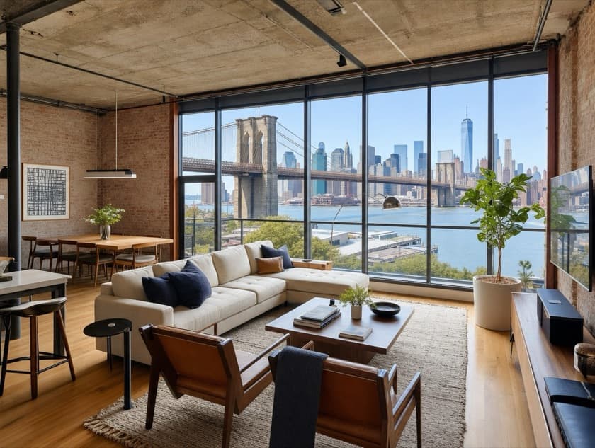 An AI-generated rental listing of a loft with the Brooklyn Bridge and Manhattan skyline in the window