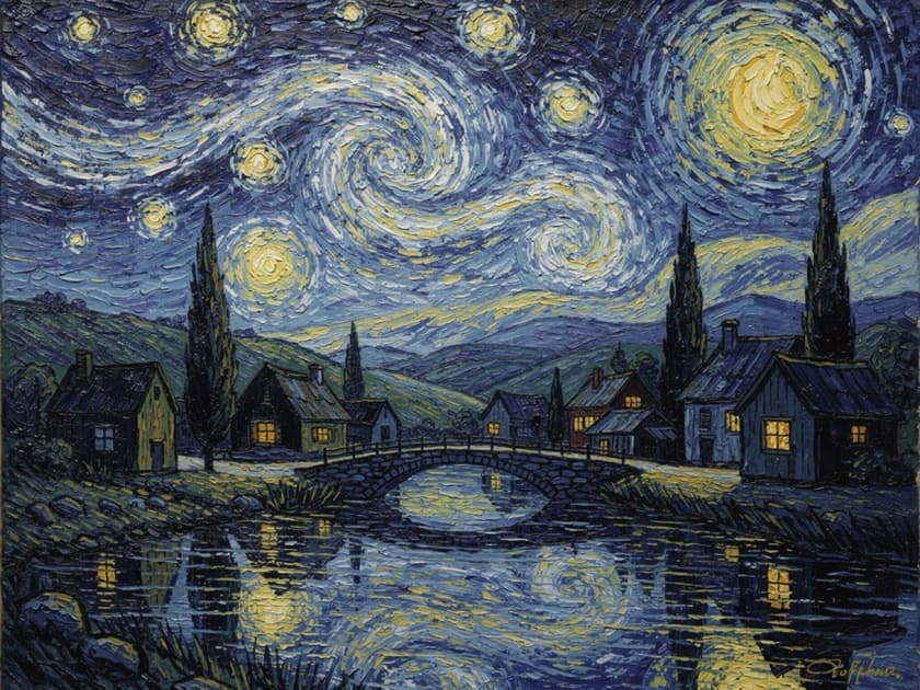 An AI-generated painting mimicking Van Gogh's swirling starry style