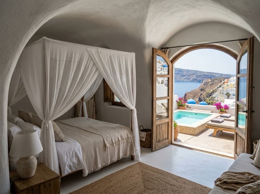 An AI-generated listing photo of a Santorini cave suite opening onto a plunge pool and caldera view