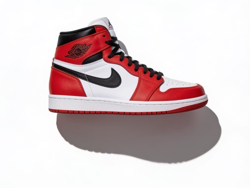 An AI-generated product shot of a counterfeit red, white and black high-top sneaker